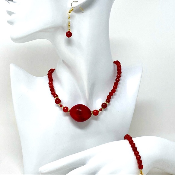 Red carnelian necklace, bracelet & earrings - Picture 1 of 9